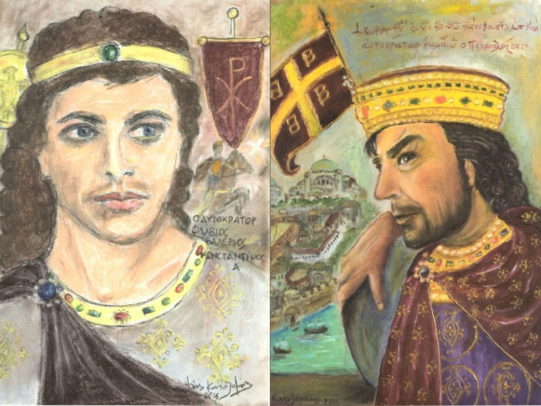 Ο Φλάβιος Βαλέριος Κωνστνατίνος ο Α&#039;, ιδρυτής της Κωνσταντινούπολης και ο Κωνσταντίνος ΙΑ&#039; Παλαιολόγος, τελευταίος αυτοκράτορας του Βυζαντίου