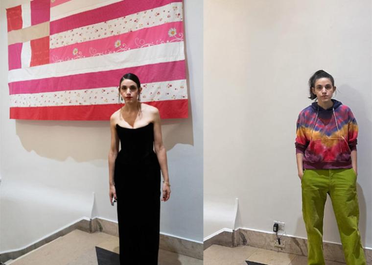 Η Γεωργία Λαλέ αριστερά κάτω από το έργο της, δεξιά στον τοίχο από τον οποίο ο υπουργός Εξωτερικών κατέβασε το έργο της